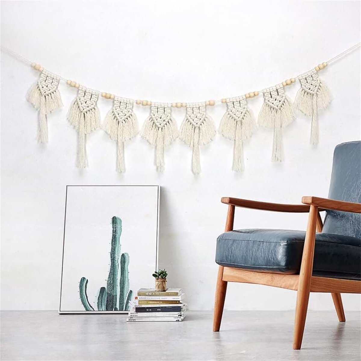 Macramé wandbehang, boho-tapijt met kwastjes, katoen, geweven wandtapijt, banner, wanddecoratie voor woonkamer, appartement, bruiloftsfeest (B)