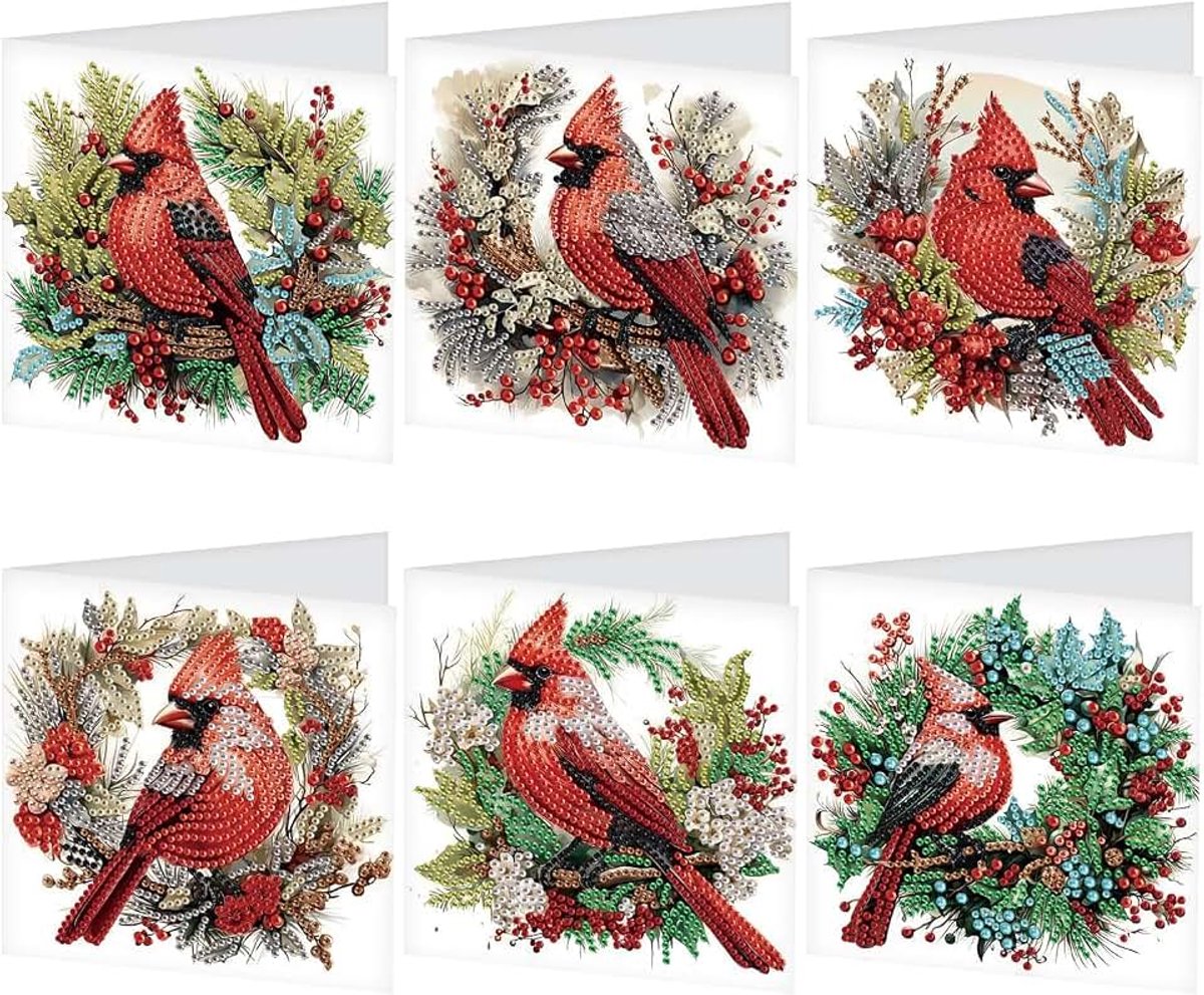 Diamond Painting Wenskaarten, set van 6 stuks, kardinaal met rode bessen, kaarten Kerstmis met enveloppen, verjaardagskaart, bedankkaart, zegentiekaart, feestdagkaarten, cadeau voor alle