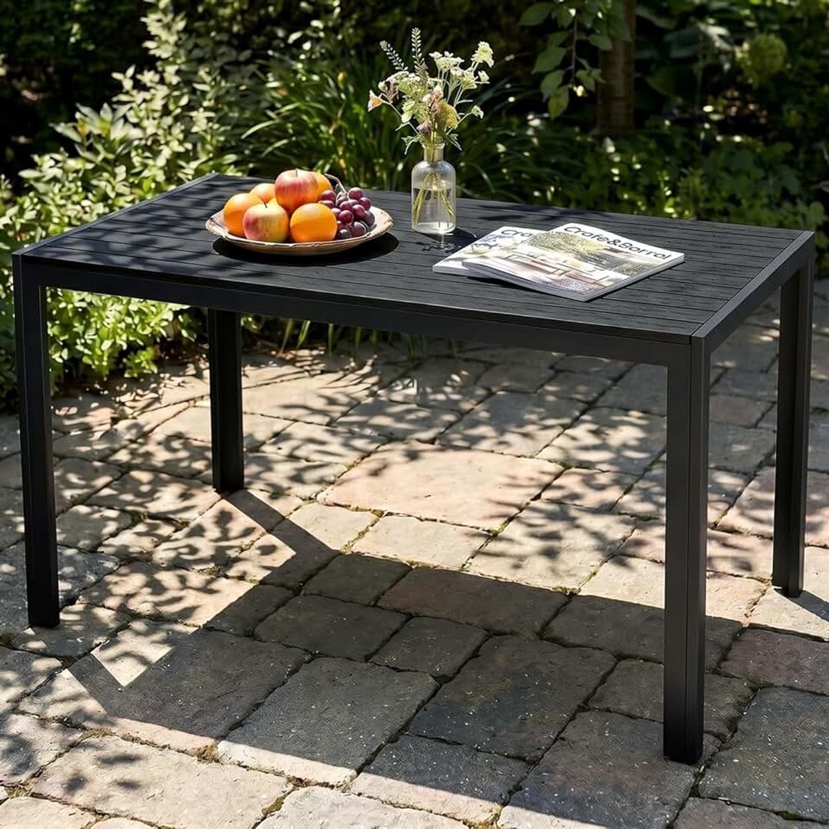 Aluminium WPC Tuintafel, 110x70 cm Rechthoekige Balkontafel, Weerbestendig Metalen Tuintafel, Roestvrij Outdoor Eettafel voor Terrassen, Tuin, Balkon, Zwart