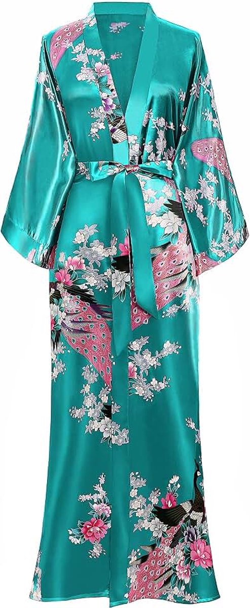 Kimono ochtendjas, kimono-gewaad met pauwenmotief, kimono-vesten voor vrouwen, bruiloft-meisjespyjama voor gezelligheidsbijeenkomsten van 135 cm