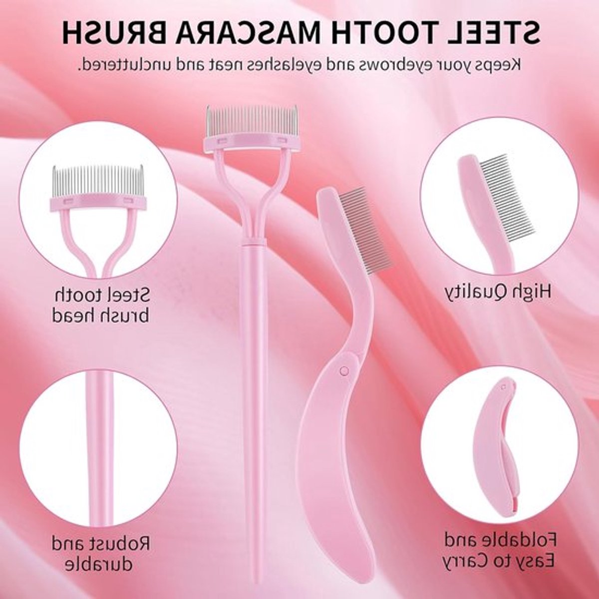 Set van 2 Wenkbrauw- en Wimperkammetjes met Metalen Tanden, Professionele Scheiding voor Wimpers en Wenkbrauwen, Cosmetische Borstels met Deksel in Roze
