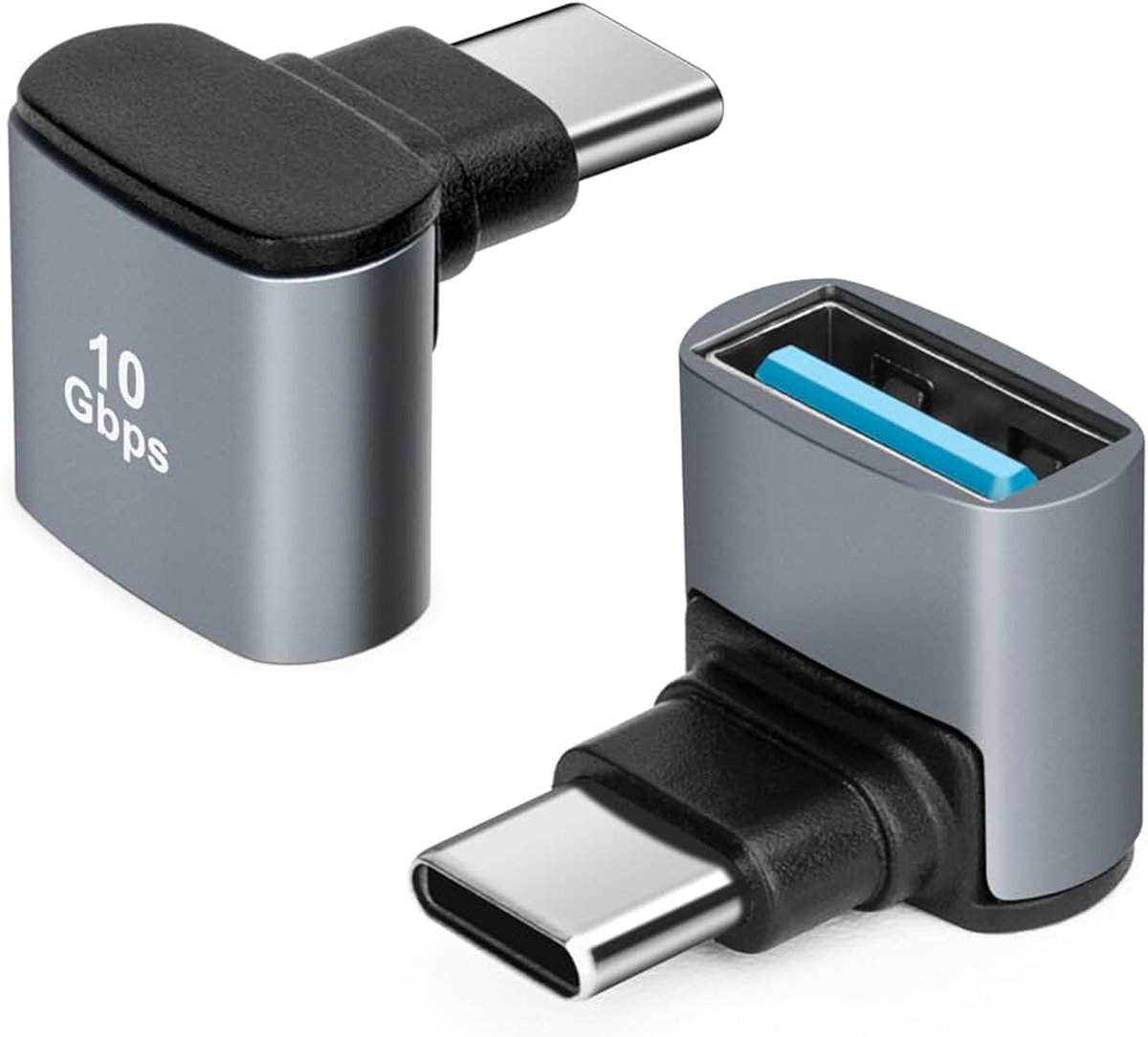 USB C naar USB 3.1 OTG-adapter 90 graden (2-pack), USBC type C mannelijke naar USB vrouwelijke rechte hoek adapter, 10G gegevensoverdracht voor smartphone, tablet, laptop