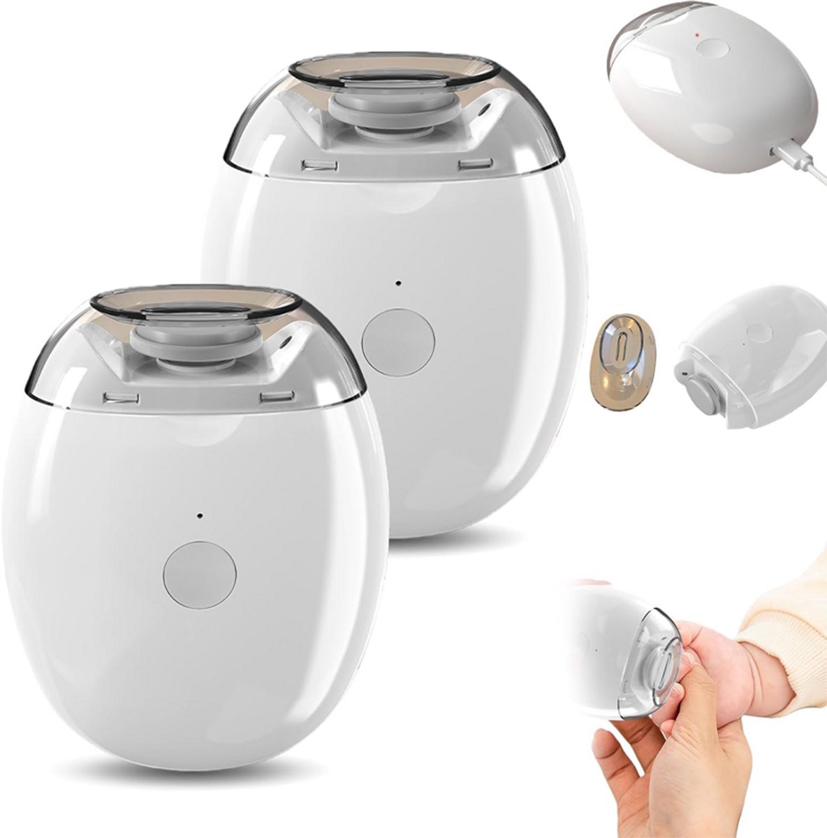 Elektrische nagelknipper - Set van 2 - Elektrische nagelvijl - automatische nagelknipper en -polijster - Nagelknipper - Type-C snelladen - Met LED-verlichting - 2 slijpkoppen - Geschikt voor baby's, kinderen, ouderen en volwassenen - 71*56*31mm - Wit