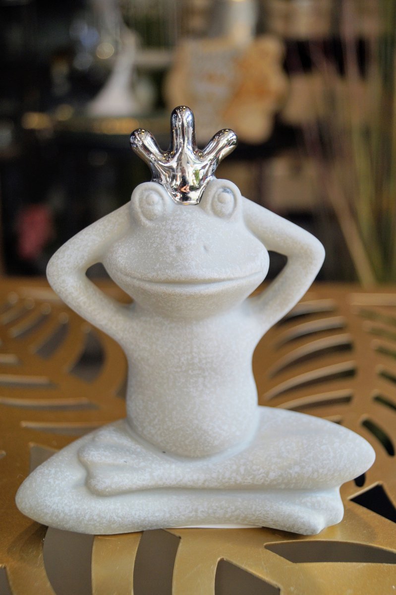 Meditatie Kikkers Beeldje - 13cm Keramiek - Grijs/Zilver