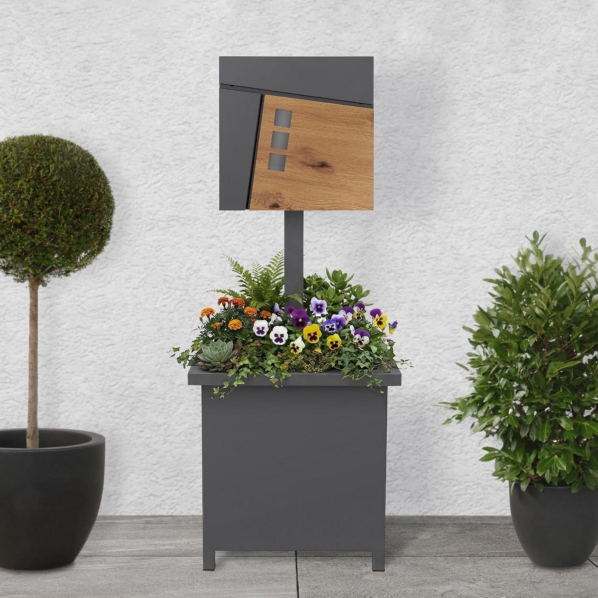 Staande brievenbus - Brievenbus met standaard - Post ontvangen - Met plantenbak - 120 cm hoog - Antraciet houtlook