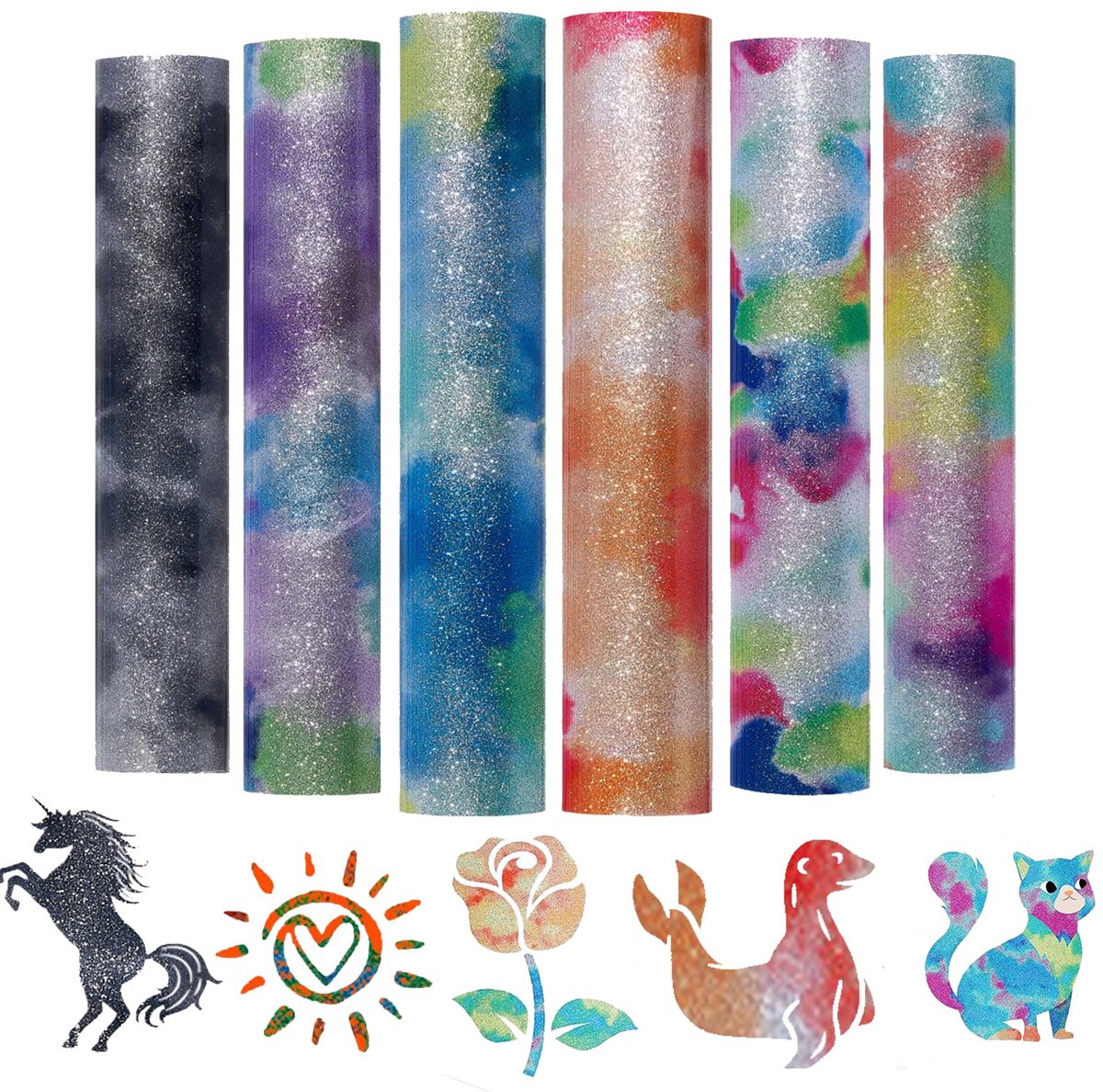 6 Stuks Glitter Tie-Dyeing Flex Plotter Folie - 30,5 * 20 cm PU Warmteoverdracht Vinyl voor Textiel, DIY, Stoffen