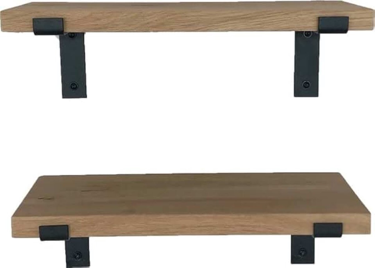 - Set Eiken Wandplanken - Industrieel Wandrek - 50x10 cm - Industriele Plankdragers L-vorm - Staal - Zonder Coating