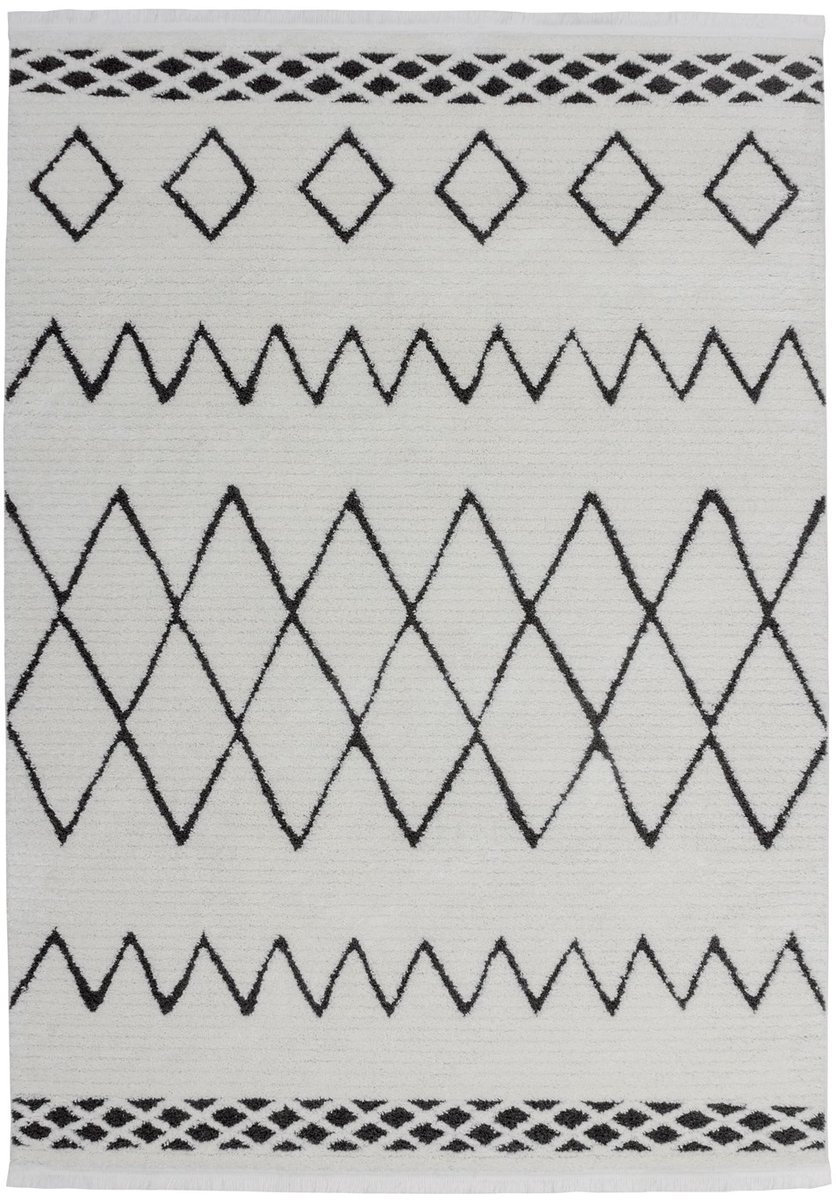 Padiro laagpolig vloerkleed 160 x 230 cm - creme / zwart - boho modern - etnisch patroon- met franjes - geschikt voor vloerverwarming - van polypropyleen