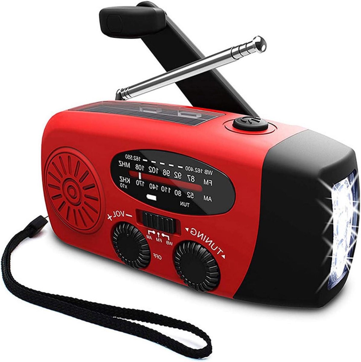 Noodweerradio - Zonne-handslinger radio - Veiligheid en informatie - SOS alarm functie - 15 x 8 x 6 cm - Rood