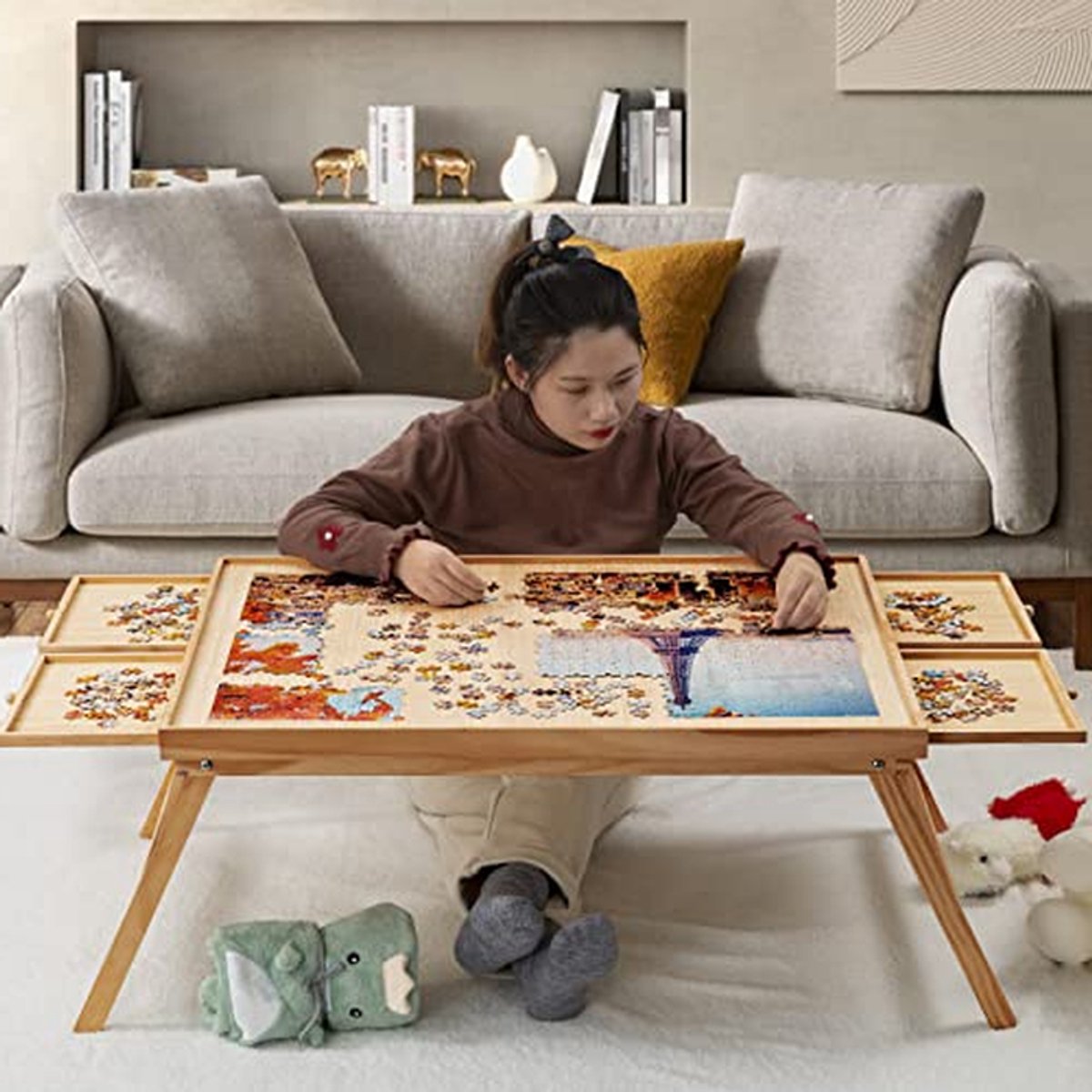 Houten Puzzelbord - Puzzeltafel Opvouwbaar - Puzzels Maken - Met 4 Laden - 1500 Stukjes - Natuurlijk
