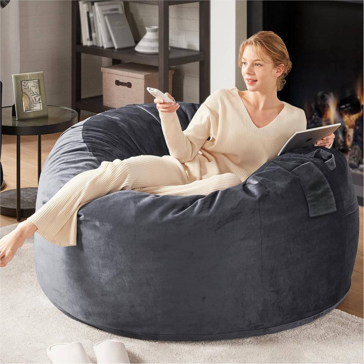 Zitzakstoel met vulling - Grote loungestoel - Comfortabel ontspannen - Machinewasbare hoes - 12 meter - Houtskoolgrijs