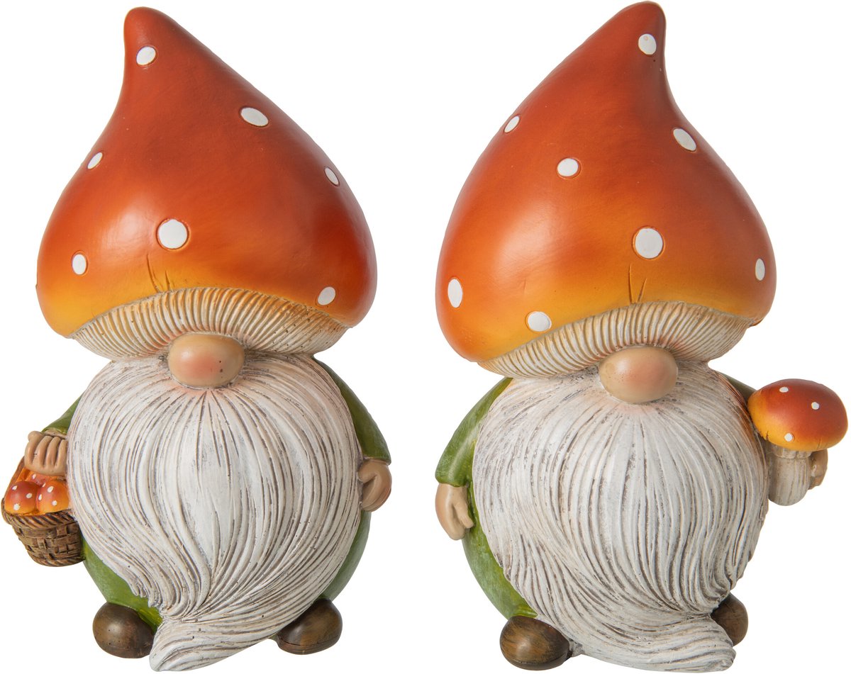 J-Line Kabouter met paddenstoel - polyresin - donkeroranje/groen - large - assortiment van 2