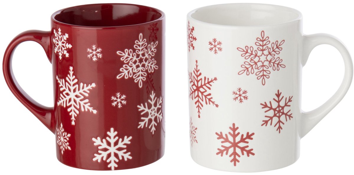 J-Line mok Sneeuwvlok - porselein - wit/kerstrood - doos van 2