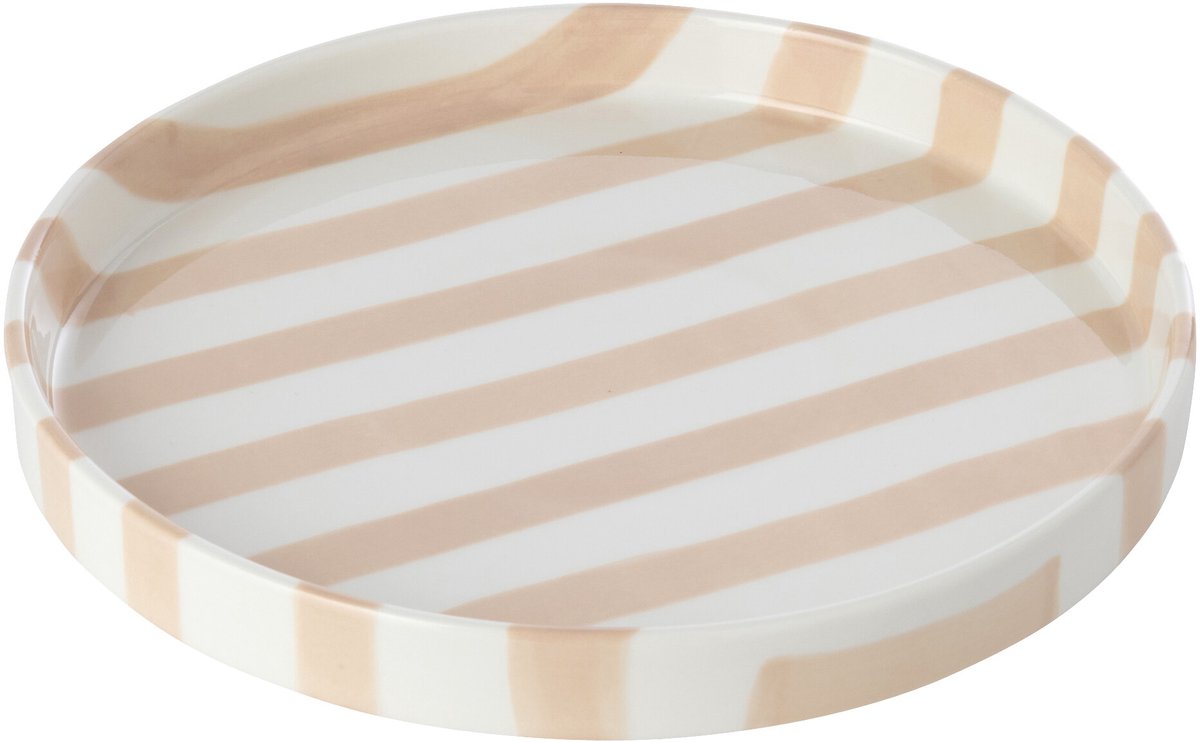 J-Line Gestreept bord - steengoed - lichtbeige/wit - small - set van 6