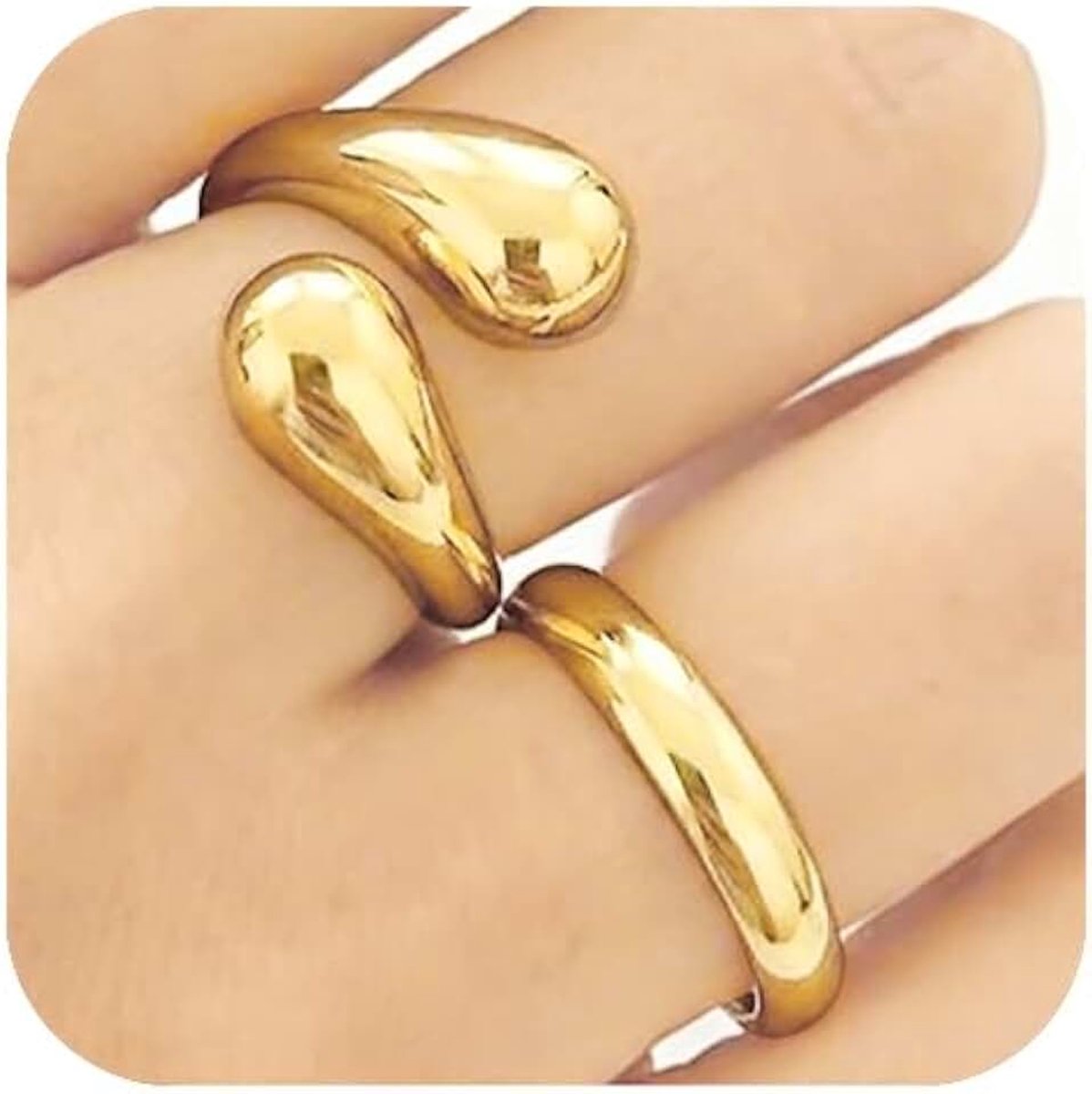 2PCS Gold Rings for Women, Non Tarnish Chunky Gold Rings, Size 8 | Stainless Steel,Teardrop Statement Band, Open Twisted Stackable Ring, Thumb Ring Set, Trendy Jewelry Gifts for Loved One