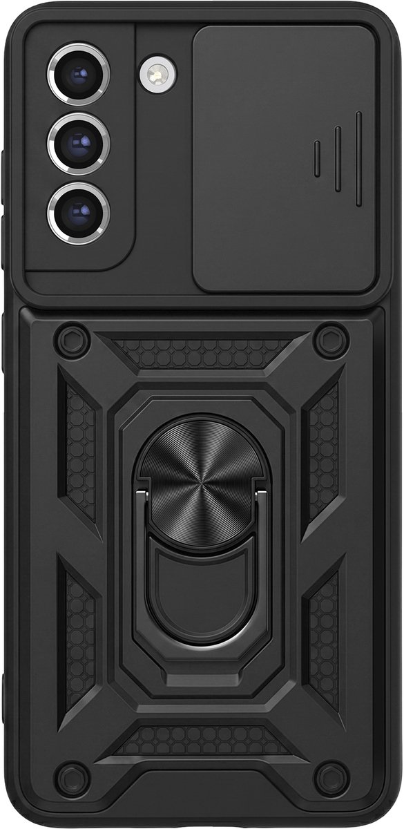 Mayaxess, Hoesje geschikt voor Galaxy S21 FE met Schuifbare Camerabescherming en Magnetische Ring, Zwart