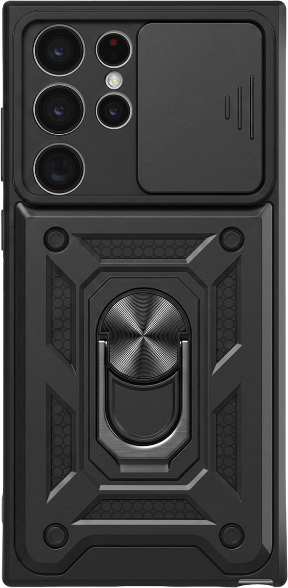 Mayaxess, Hoesje geschikt voor Galaxy S22 Ultra met Schuifbare Camerabescherming en Magnetische Ring, Zwart