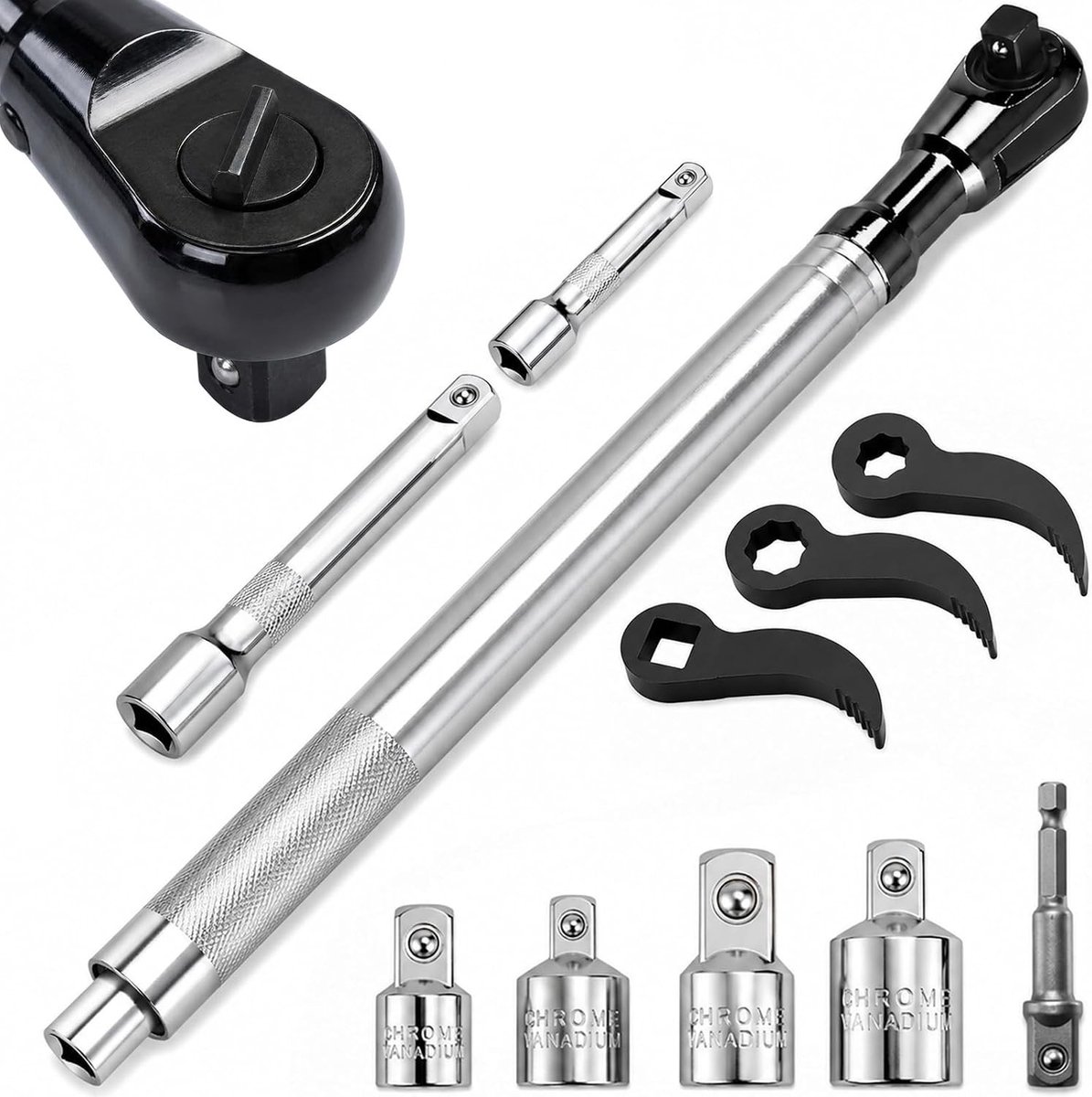 Offset Steeksleutel met 1/2 Inch Ratchet, 5 Adapterkoppen en 3 Socket Sleeve Adapters voor Krappe Ruimtes en Eenvoudig Gebruik