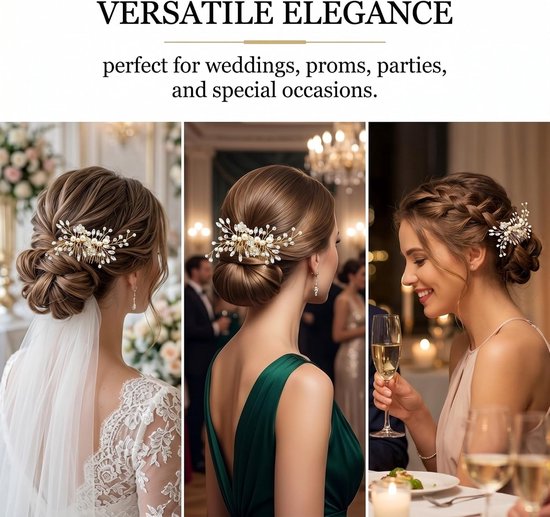 Gouden kam met parels, kristallen en bloemen: elegant haarsieraad voor bruiloft, feest en speciale gelegenheden. — afbeelding 2
