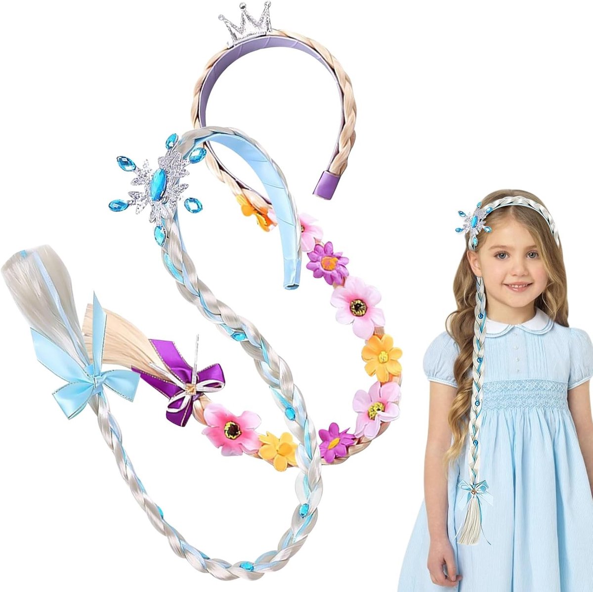 Prinsessen Haarstuk met Vlecht en Haarband voor Kinderen - Lang Haar Kostuum Accessoire voor Halloween en Carnavalsfeesten