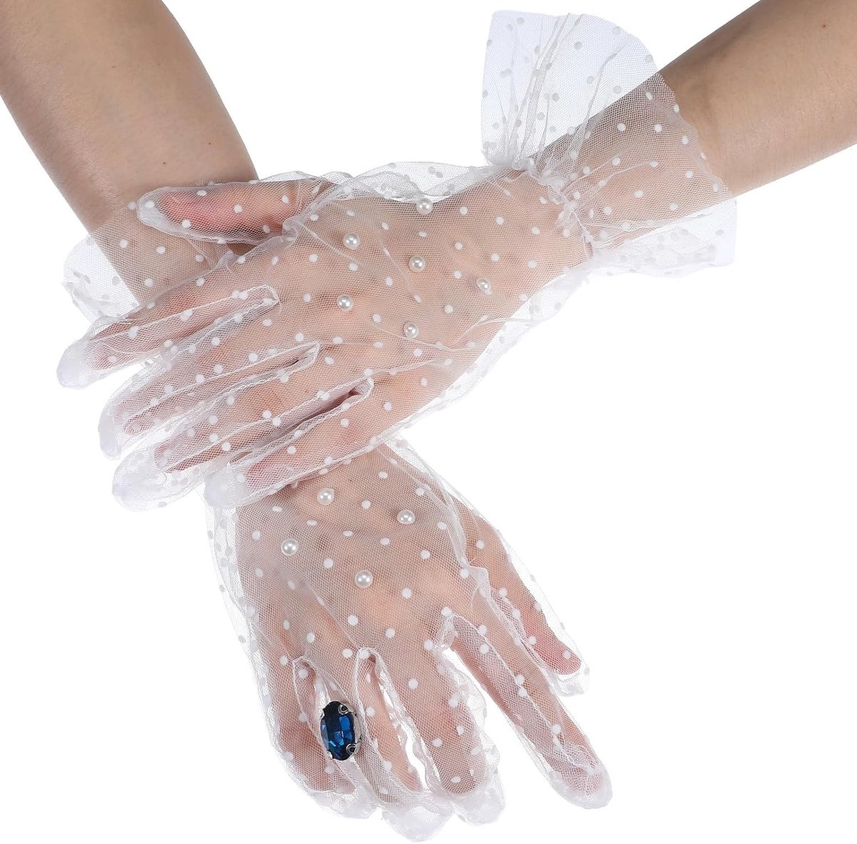 Elegante Witte Kanten Handschoenen voor Dames met Parels - Transparante Tulle Handschoenen voor Bruiloft, Feest en Opera Bal