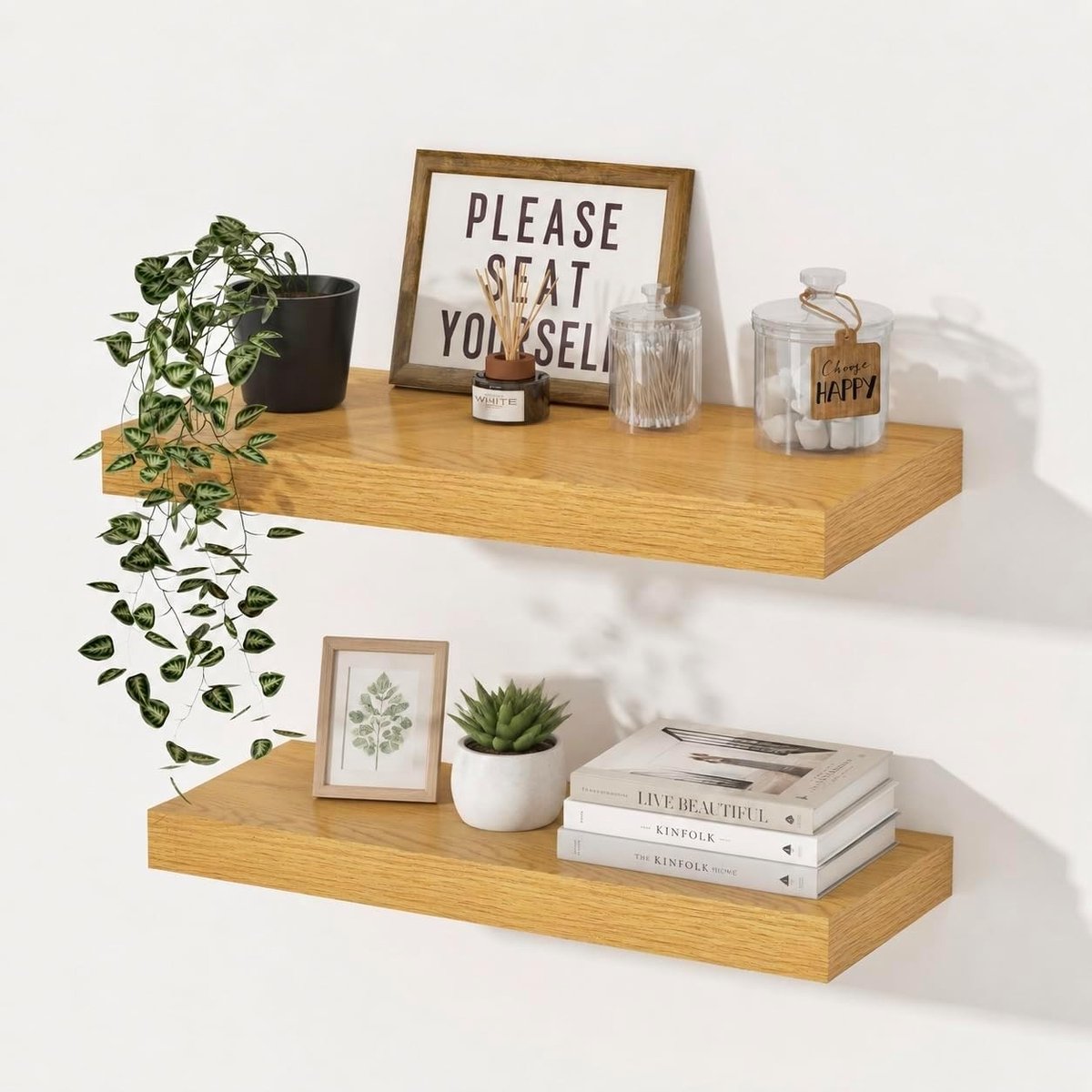 Diepe zwevende wandplanken van 29,5 cm - Set van 2 eikenhouten planken voor decoratie en opslag