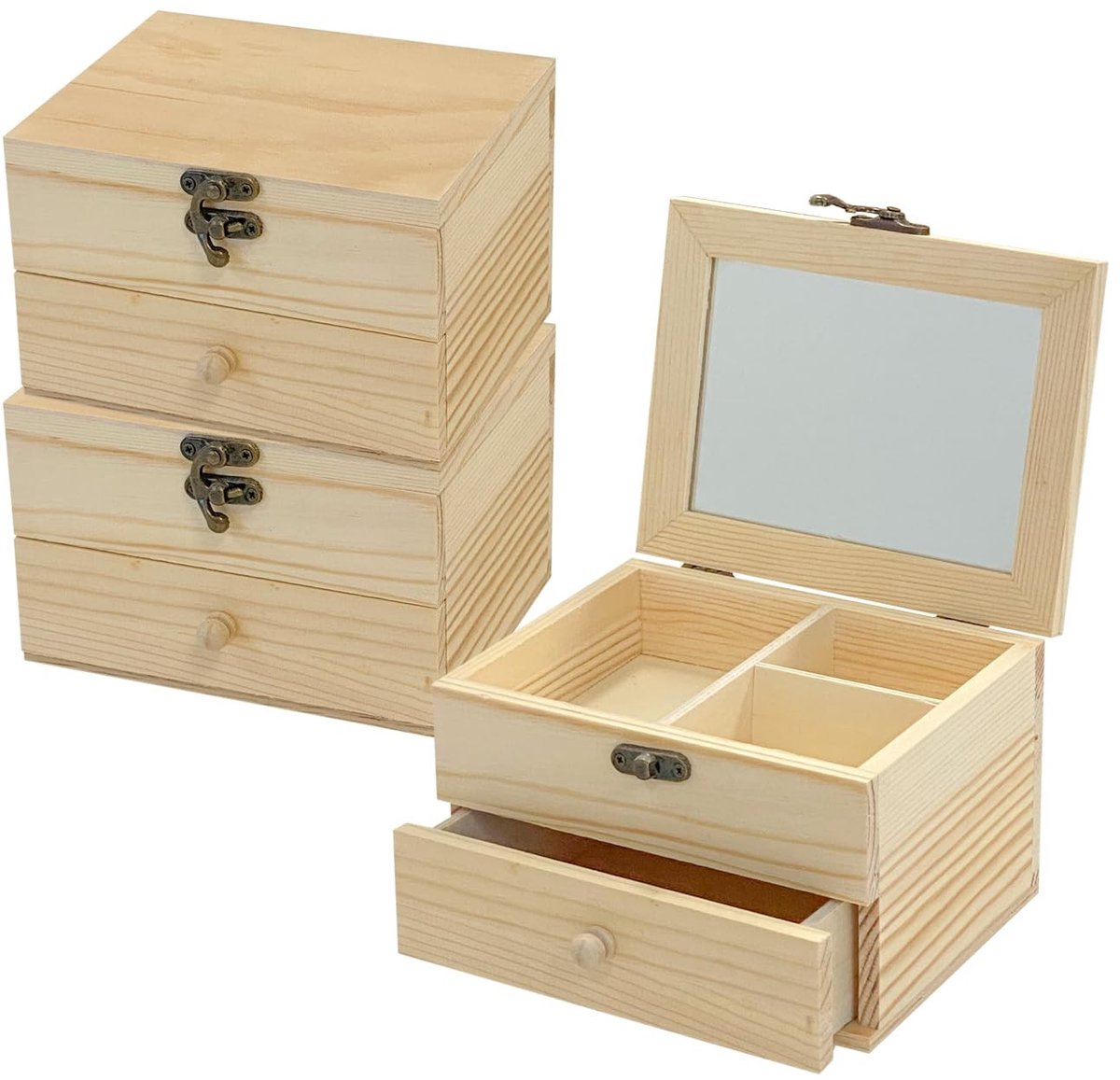 Onbehandelde Houten Sieradenbox - Set van 3 met Spiegeltje