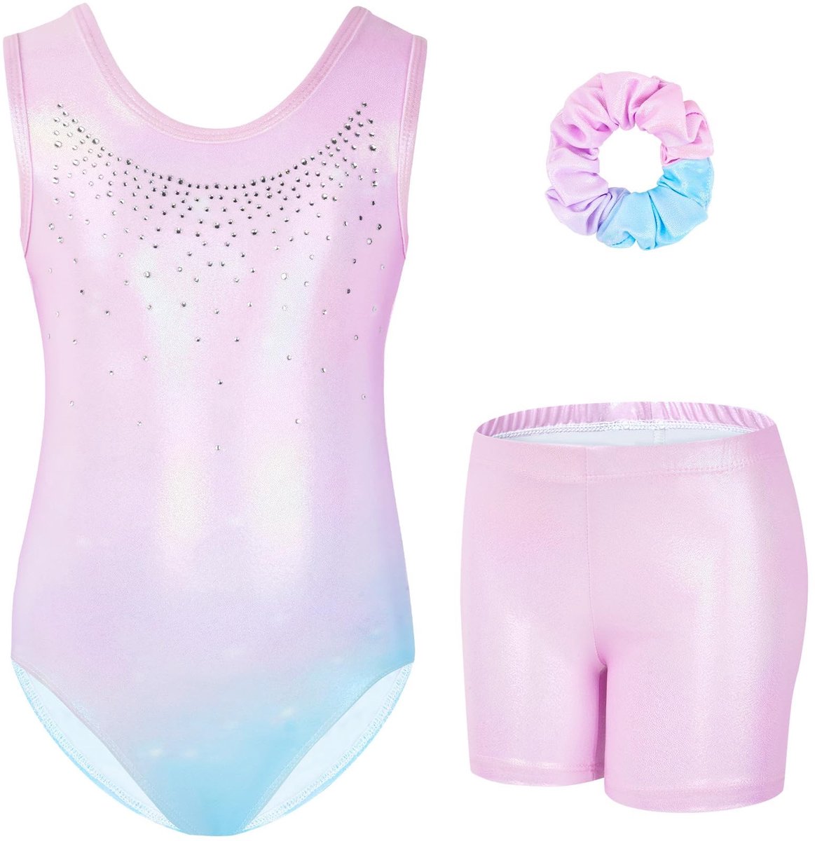 3-delige Gymnastiekset voor Meisjes - Mouwloze Leotard met Shorts en Haarband - Roze/Blauw