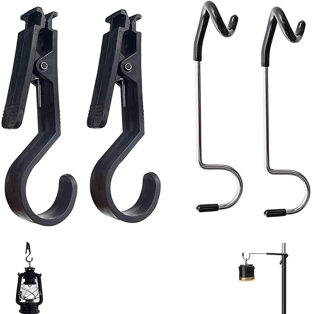 2 Stuks Campingvormige Lichthaak en 2 Multifunctionele Tentclips voor Binnen en Buiten, Ideaal voor Tentaccessoires en Kledinghangers
