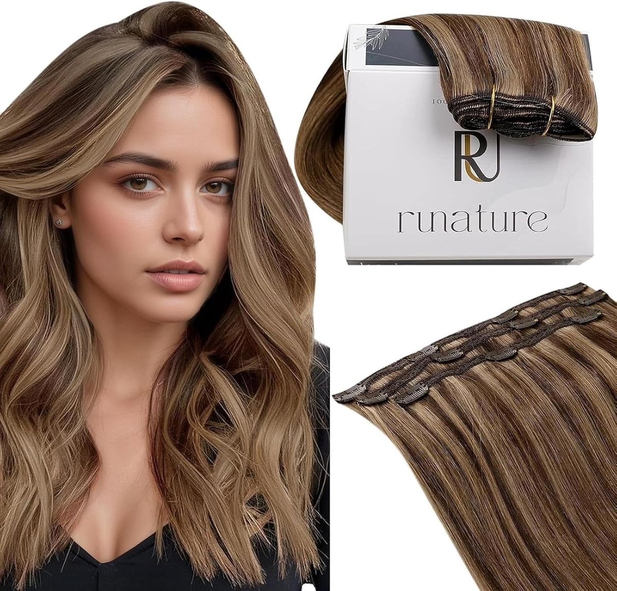 Kleurige Clip-in Haarextensions van Echte Mensenhaar in Bruin met Blondes - 25 cm, 3 Stuks, 50 g, Perfect voor Volumineuze Haarstijl