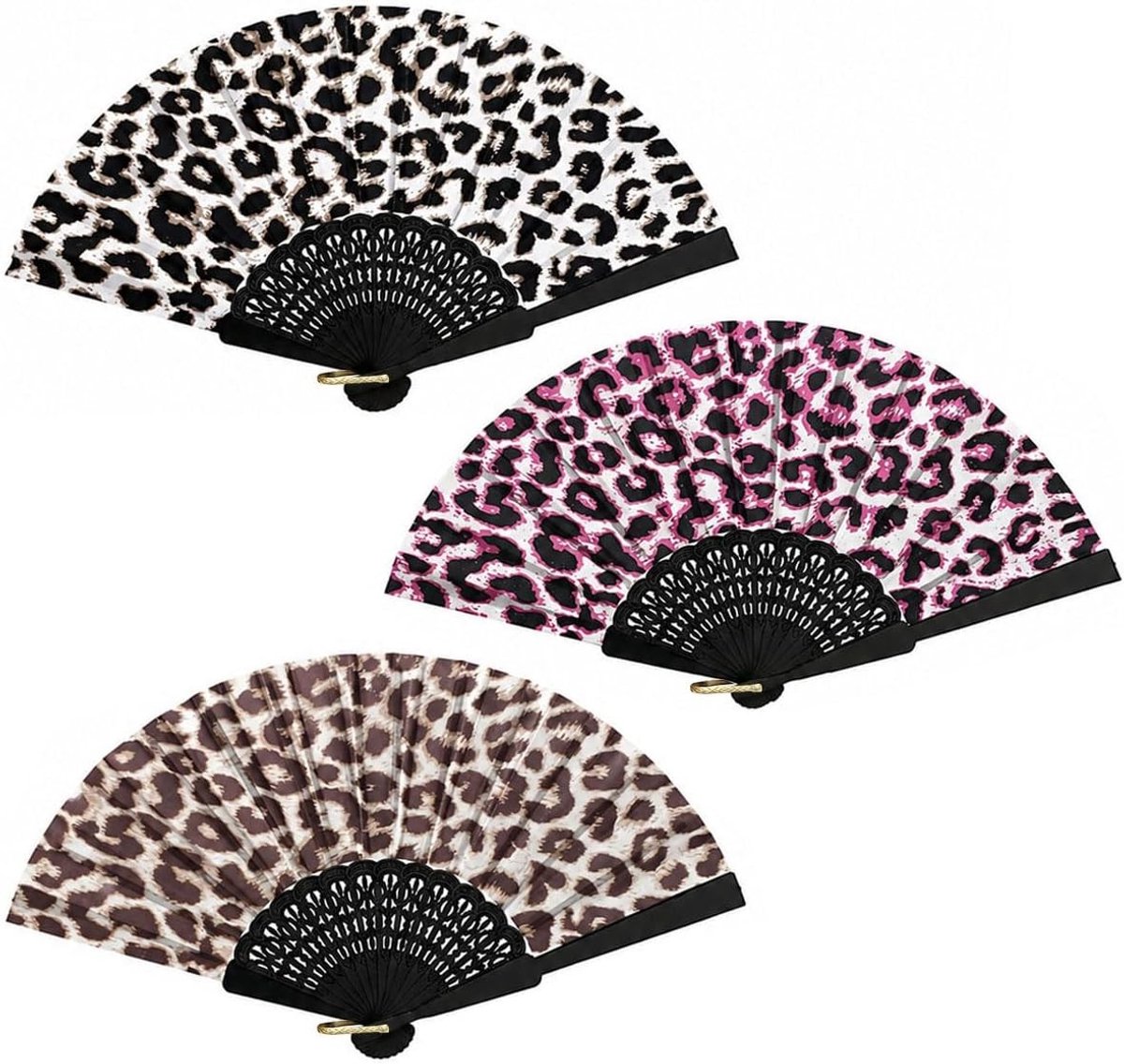 Opvouwbare handwaaier met luipaardprint, 3 stuks, ideaal voor bruiloften, dansuitvoeringen en zomerfeesten, compact en handig in gebruik
