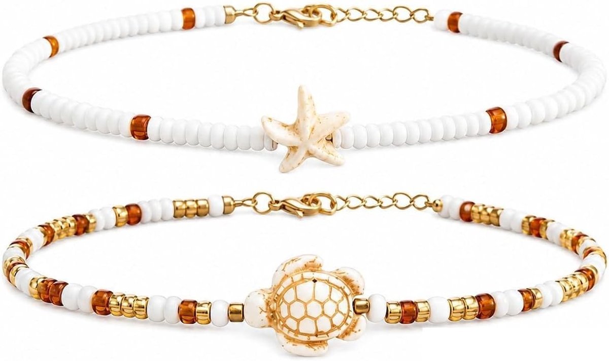 Elegante enkelband voor dames met schildpadmotief, kralen en gouden accenten voor strandvakanties en zomerse feesten