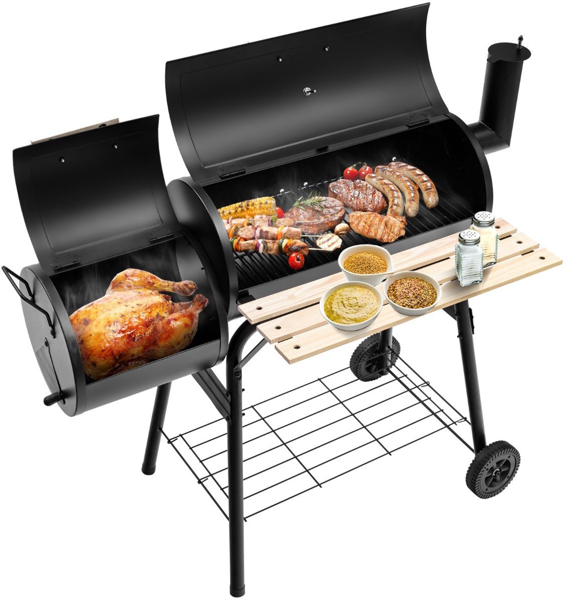 SureDeal® - Kamper - BBQ Houtskoolgrill - Deksel Grillwagen - Wielen Houtskool Barbecue - Camping - Tuin - 115x65x108 cm - Zwart
