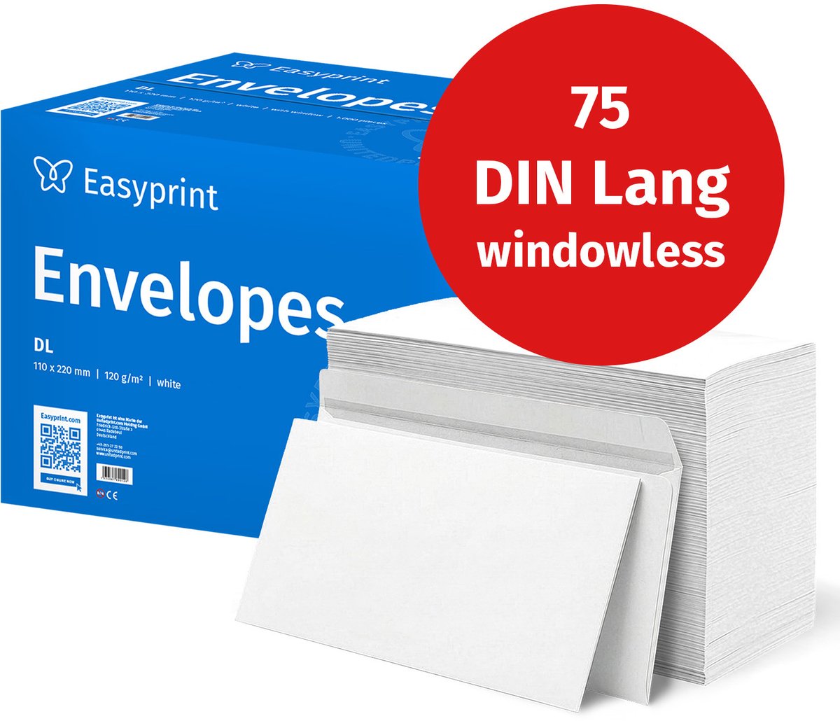 NIEUW: Easyprint Enveloppen zonder venster, DIN Lang, onbedrukt, 75 stuks