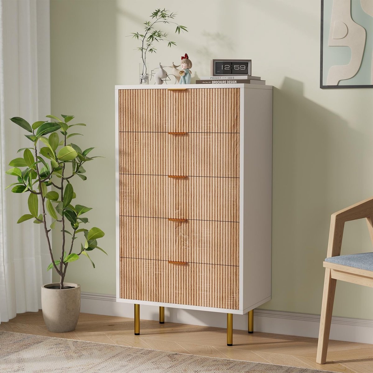 Ladekast met 5 lades - Houtkleur met gouden handgrepen