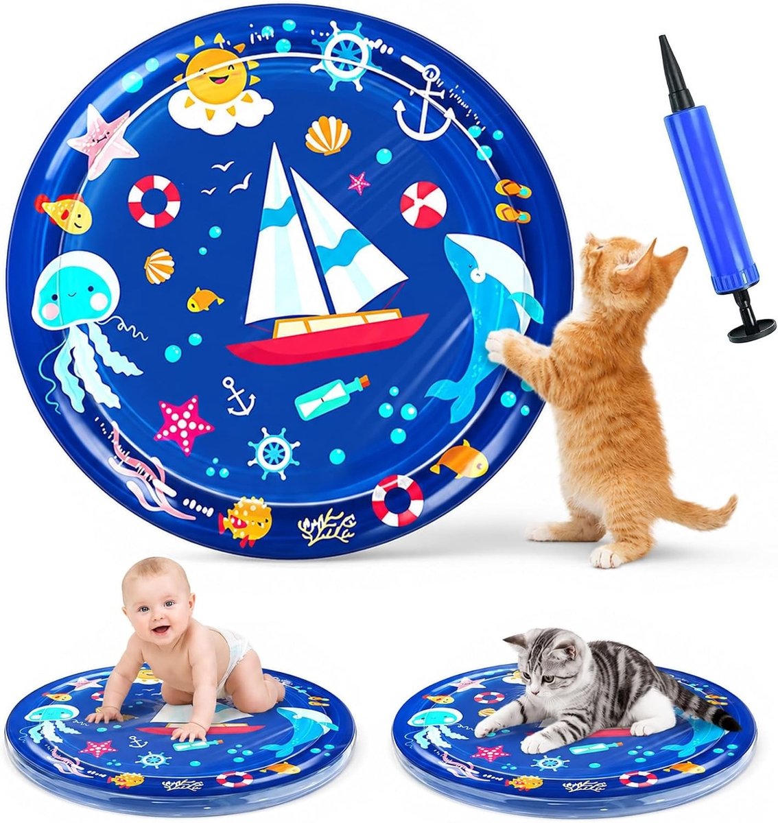 Speelse Watermat voor Katten van 100 cm, Zintuiglijke Waterervaring met Luchtpomp, Ideaal voor Zomerplezier en Verkoeling