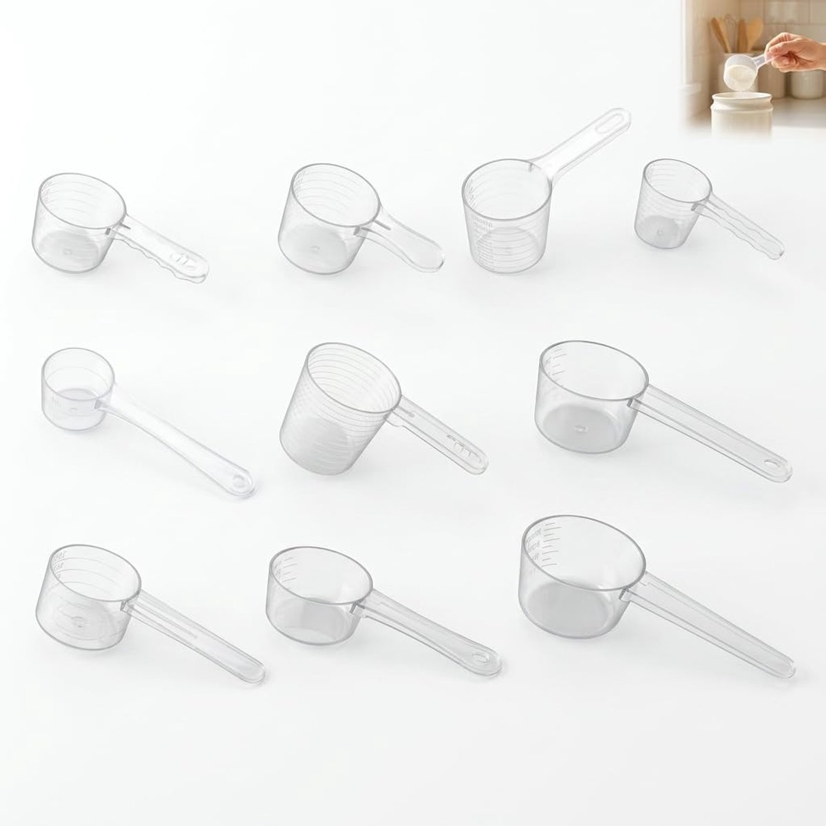 Maatlepels set van 10 stuks voor nauwkeurig doseren van ingrediënten, ideaal voor bakken en koken, transparant kunststof met schaalverdeling in gram en milliliter