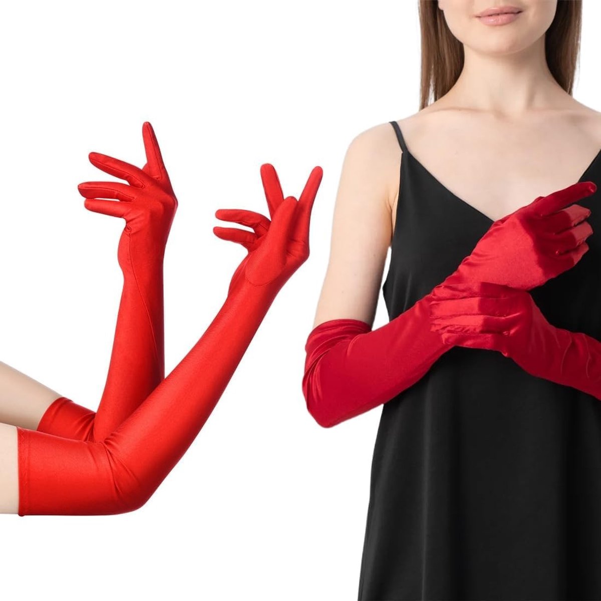 Elegante Lange Elastische Handschoenen voor Dames - Perfect voor Avondkleding, Carnaval en Halloween - Rood