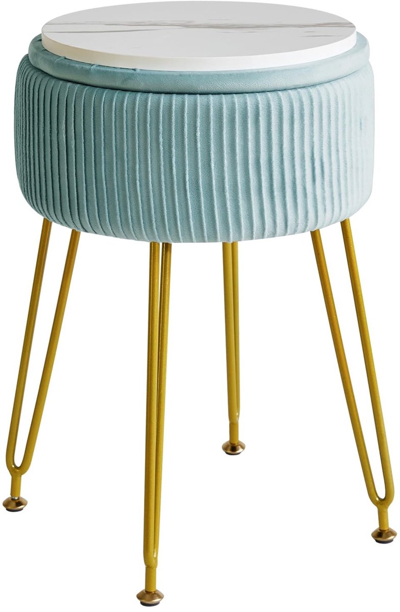 Velvet Opberghocker - Blauw met Gouden Stalen Poten