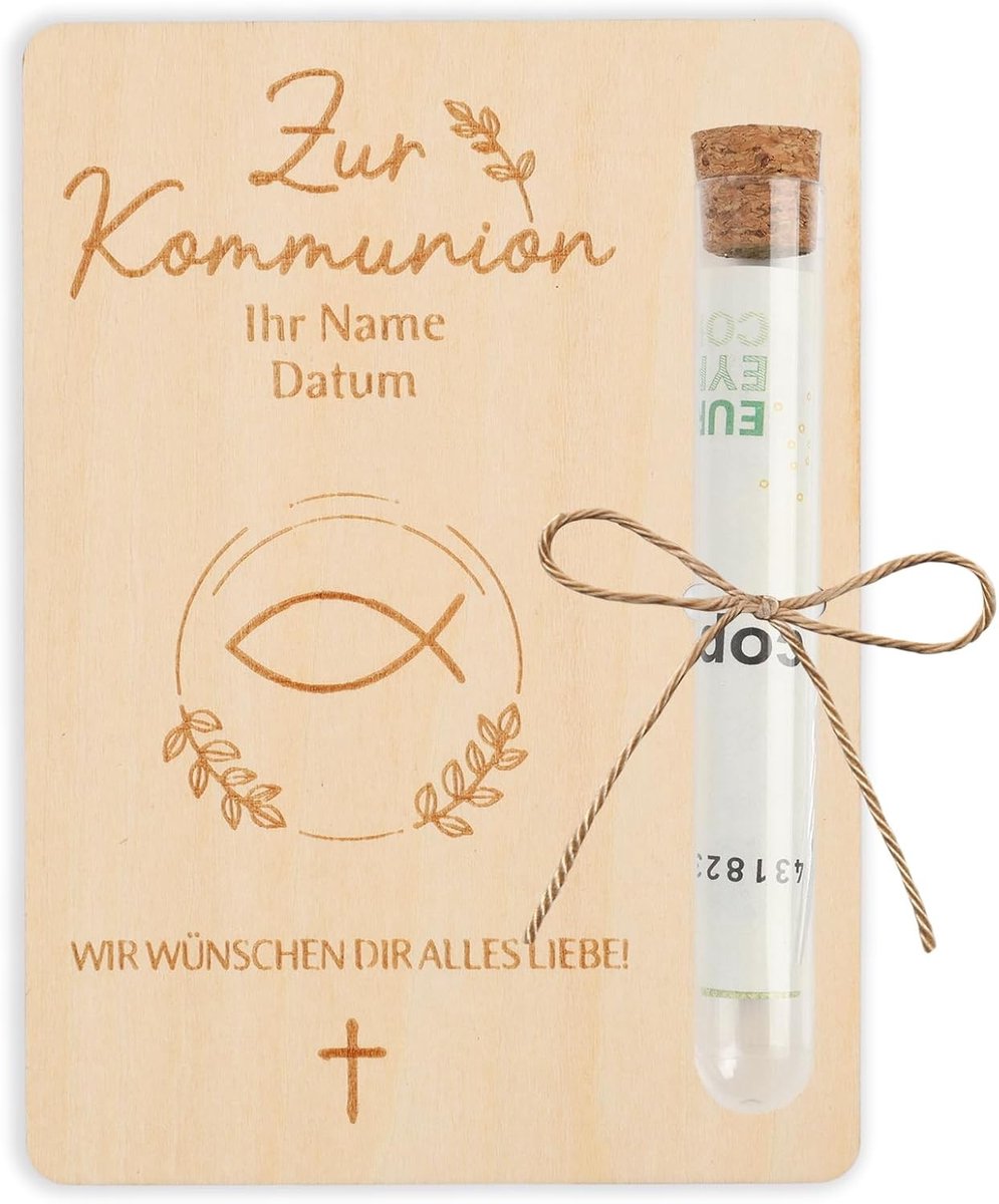 Vormsel cadeau voor jongens en meisjes, zilveren geschenkdoos met gedroogde bloemen, glazen buis en houten sokkel "All My Love", religieus symbool, uniek en persoonlijk geschenk
