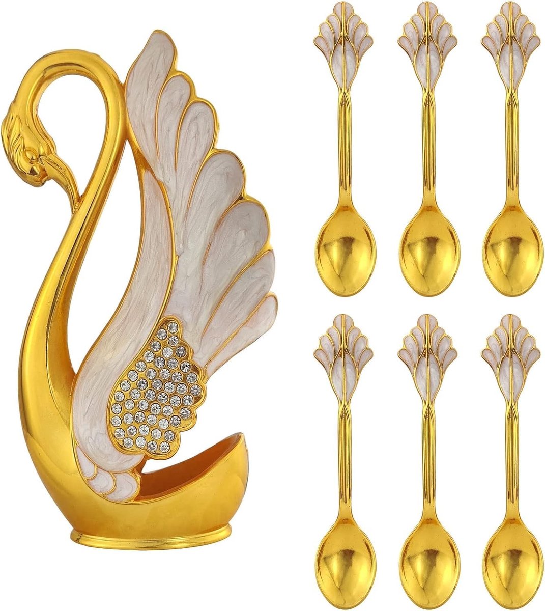 Theelepel Set met Zwanenhouder - 6 Stuks Goud Wit Diamant