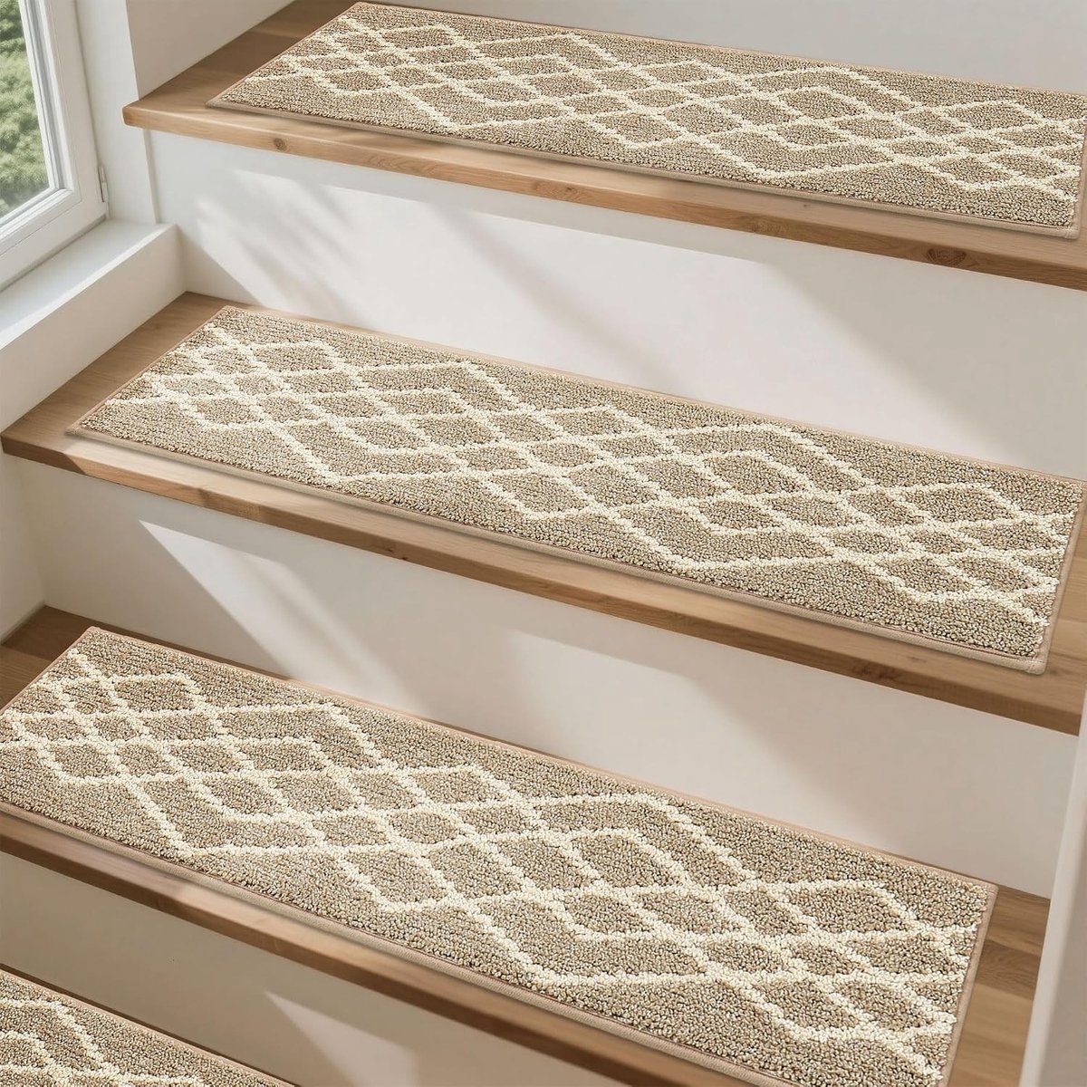 Set van 15 Trapmatten in Beige Ruitpatroon, Antislip en Comfortabel, 70 x 22 cm
