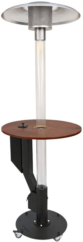 Flamesa Solaro pellet terrasverwarmer met tafel, 220 cm hoog. Zwarte basis met wieltjes, houten tafelblad en zilverkleurige kap.