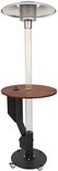 Flamesa Solaro pellet terrasverwarmer met tafel, 220 cm hoog. Zwarte basis met wieltjes, houten tafelblad en zilverkleurige kap.