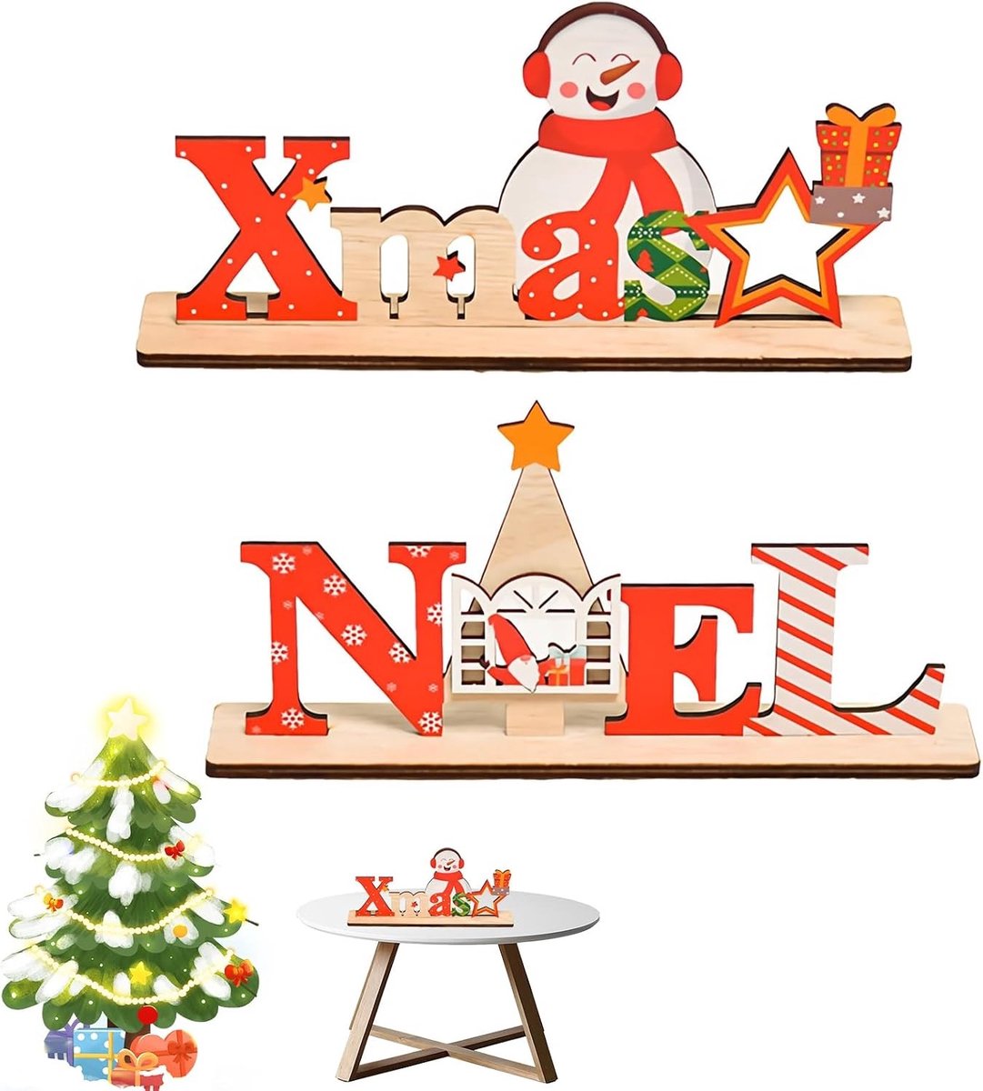 Houten Kerst Hangdecoratie 22x10 cm in Rood en Wit – Sneeuwman en Kerstman voor Raam, Kast en Woonkamer Versiering