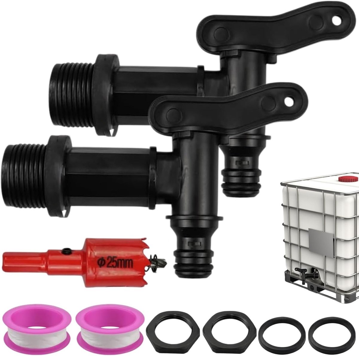 Waterdichte Afvoertap voor Regenwateropvang, 2 Stuks, 3/4 Inch, Inclusief Sealing Tape en Contramoer, Ideaal voor Waterbesparing en Tuinirrigatie