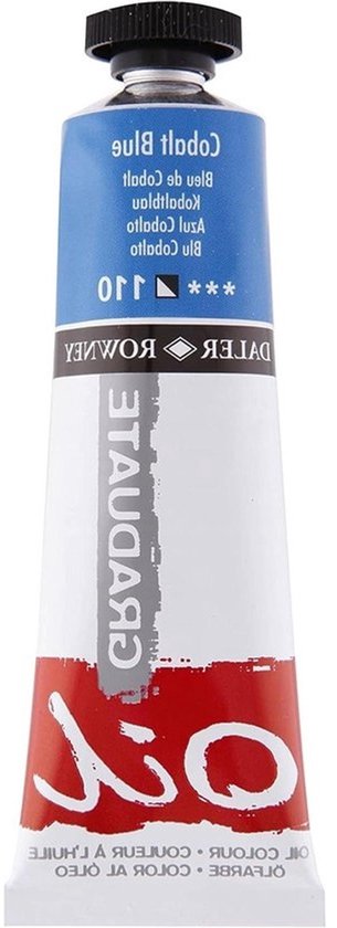 Een tube olieverf met een blauw label met witte tekst, en een witte en rode onderkant.