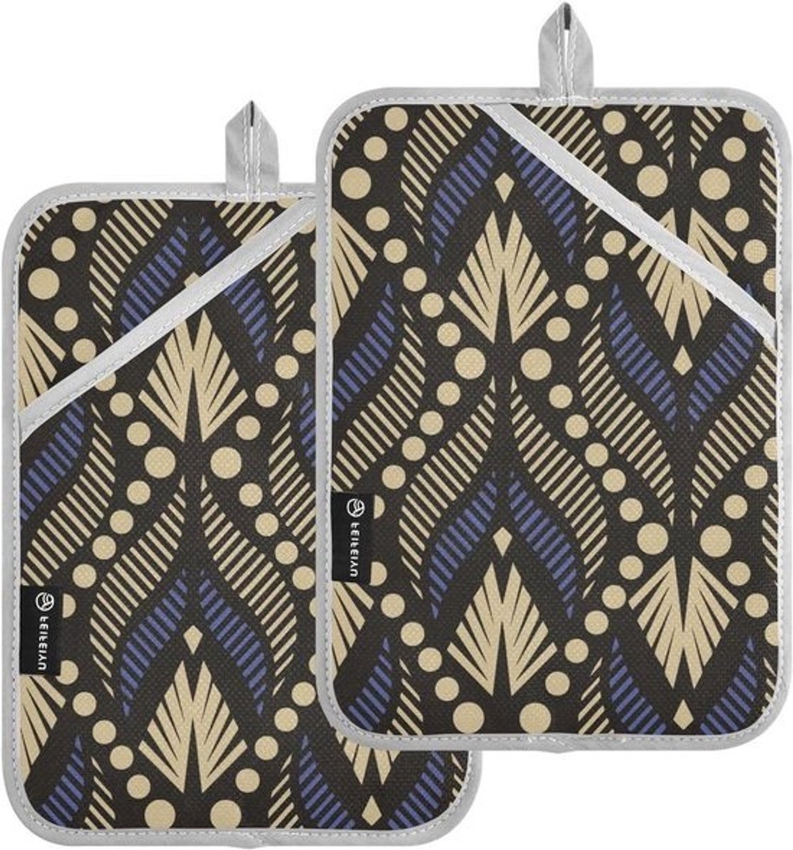 Pannenlappen Set - Ovenwanten Keukenhandschoenen - Keukenwerk Bescherming - Hittebestendig Gevoerd - 25 x 18 cm - Barok Etnisch