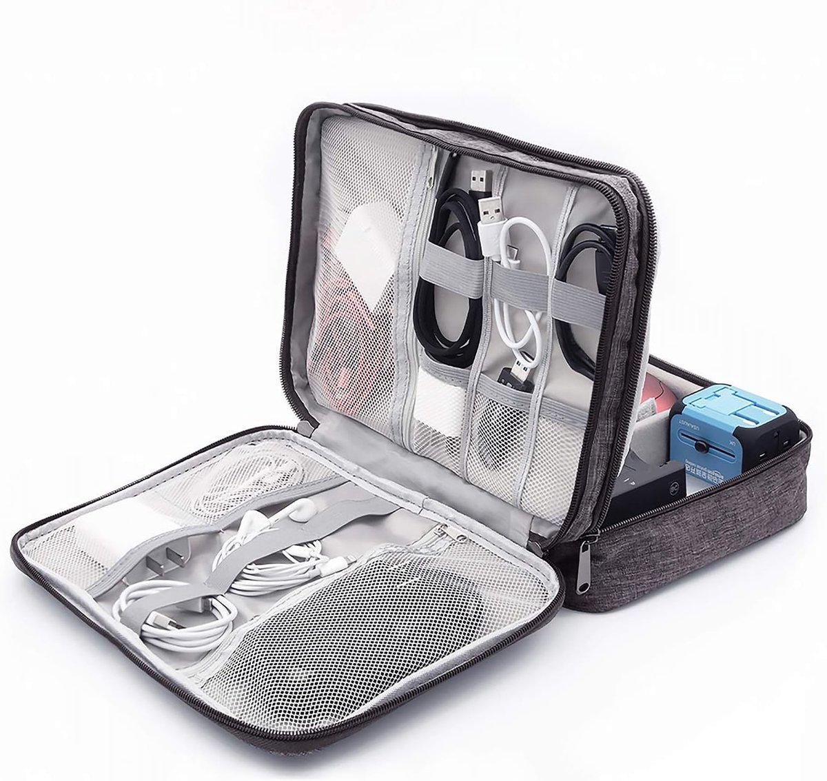 Draagbare Organizer voor Kabels en Accessoires, Waterdichte Dubbele Laag, Ideaal voor Reizen en Thuisgebruik, Grijs