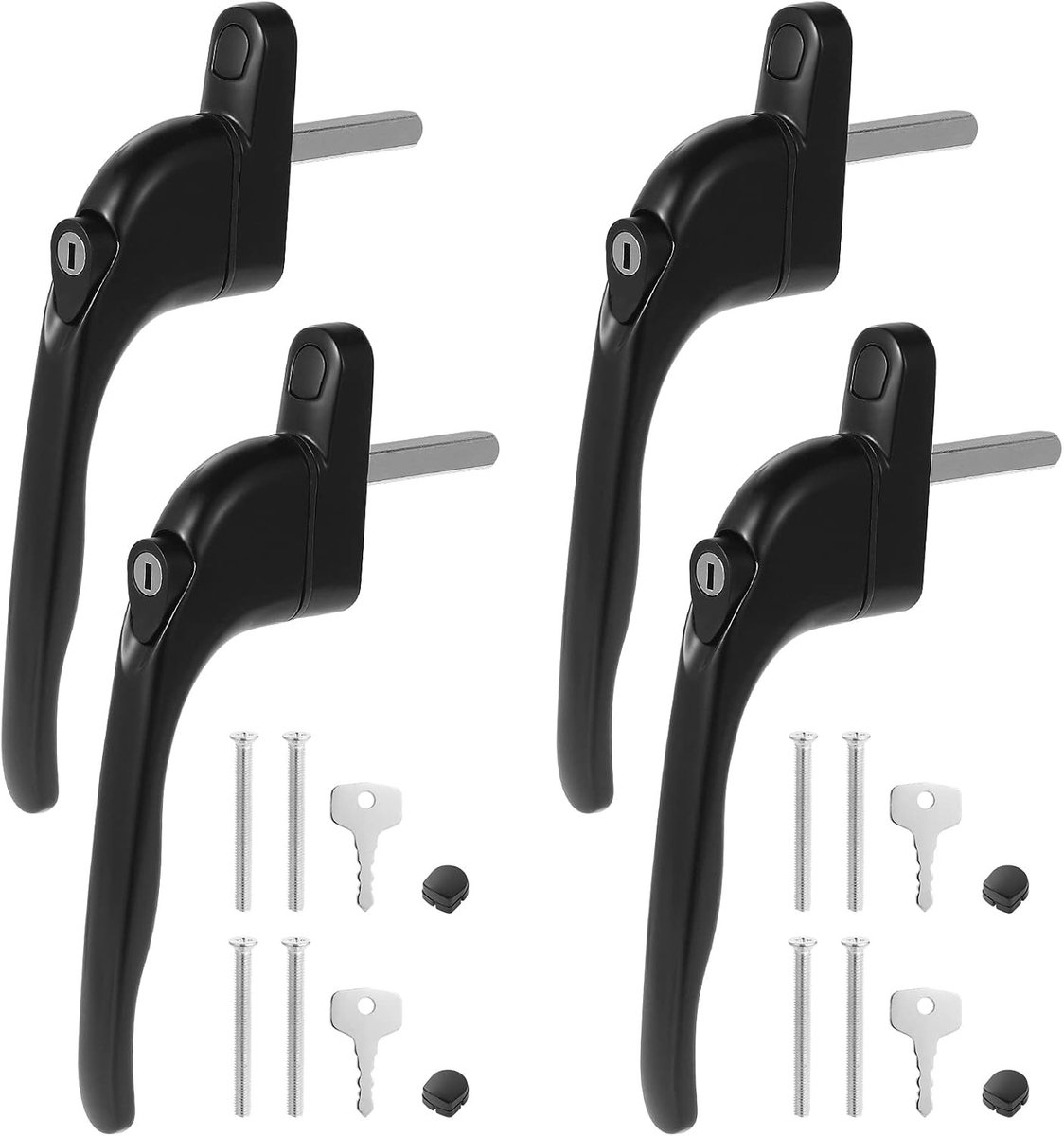 Set van 4 raamhandles met sleutelvergrendeling, universele spindelhandgrepen voor aluminium ramen, spindellengte 43 mm, zwart
